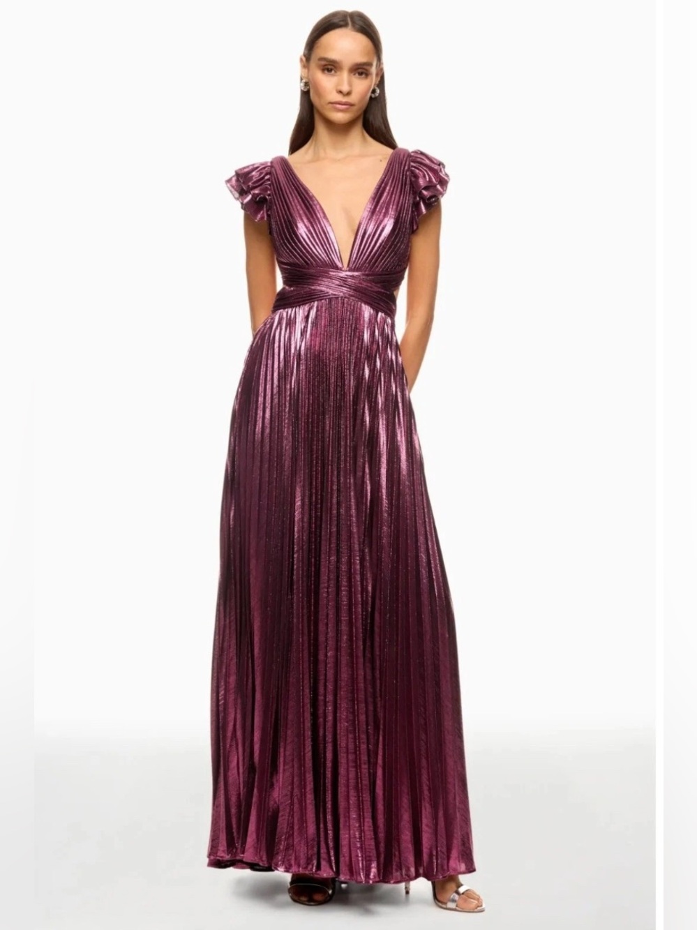 Leena for Mac Duggal pink Metallic ruffle sleeve crisscross back gown size 4